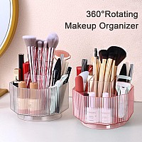 Linfidite 360Rotating Makeup Brush Holder Cosmetic Display Case Clear Makeup Lip Gloss Organizer Case With 5 Slots Round Turntab