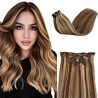 22 Inch Straight Human Hair Clip In Hair Extensions 100 Real Hair Extensions Clip Ins Chocolate Brown Highlights Beige Blonde S