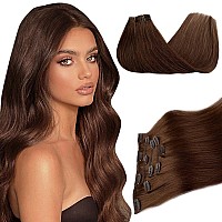 Hair Extensions Real Human Hair Clip In Hair Extensions Medium Brown 14 Inch 70G 5Pcs Seamless Double Weft Straight Remy Clip In