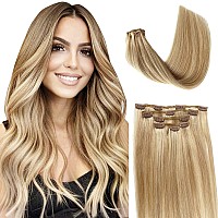 Real Hair Extensions Clip In Human Hair Golden Blonde Mixed Honey Blonde Highlights Seamless Clip In Hair Extensions 5Pcs 70G Lo