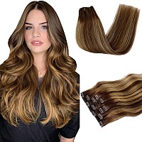 Human Hair Extensions Clip In 5Pcs 70G Balayage Chocolate Brown To Caramel Blonde Clip In Hair Extensions Natural Straight 22 In