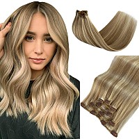 Balayage Blonde Clip In Hair Extensions Real Human Hair 14 Inch 5Pcs70G Walnut Brown To Ash Brown Mixed Platinum Blonde Remy Hu