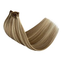 Balayage Blonde Clip In Hair Extensions Real Human Hair 14 Inch 5Pcs70G Walnut Brown To Ash Brown Mixed Platinum Blonde Remy Hu