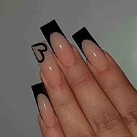 Foccna Black Press On Nails Artificail Extra Long Coffin Fake Nails With Love Acrylic Full Cover Long Fake Nails With Design Na