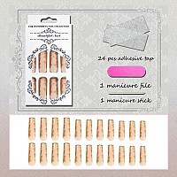 Votacos Press On Nails Long Coffin Fake Nails Nude False Nails With Golden Design Glossy Stick On Nails For Women 596