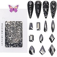 Hnuix Nail Rhinestones 300Pcs Crystals Black Multiple Shape Gems Flat Back Rhinestones For Nail Art