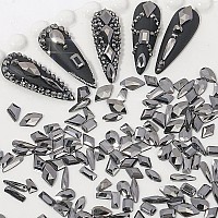 Hnuix Nail Rhinestones 300Pcs Crystals Black Multiple Shape Gems Flat Back Rhinestones For Nail Art