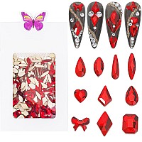 Hnuix Nail Rhinestones 300Pcs Red Multiple Shape Gems Flat Back Rhinestones For Nail Art