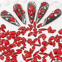 Hnuix Nail Rhinestones 300Pcs Red Multiple Shape Gems Flat Back Rhinestones For Nail Art