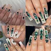 Hnuix Nail Rhinestones 300Pcs Green Multiple Shape Gems Flat Back Rhinestones For Nail Art