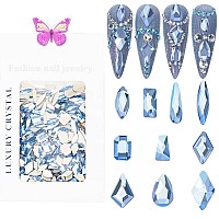 Hnuix Nail Rhinestones 300Pcs Aquamarine Crystals Multiple Shape Gems Flat Back Rhinestones For Nail Art