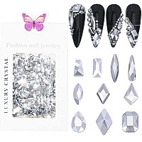 Hnuix Nail Rhinestones 300Pcs Silver Multiple Shape Gems Flat Back Rhinestones For Nail Art