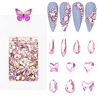 Hnuix Nail Rhinestones 300Pcs Crystals Pink Multiple Shape Gems Flat Back Rhinestones For Nail Art