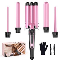 Waver Curling Iron Curling Wand - BESTOPE PRO 5 in 1 Curling Wand Set with 3 Barrel Hair Crimper for Women, Fast Heating Crimper Wand Curler in All Hair Type-Pink