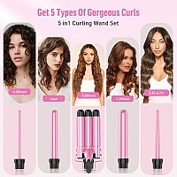 Waver Curling Iron Curling Wand - BESTOPE PRO 5 in 1 Curling Wand Set with 3 Barrel Hair Crimper for Women, Fast Heating Crimper Wand Curler in All Hair Type-Pink