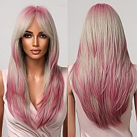 Allbell Ombre Pink Blonde Wigs For Women Long Straight Layered Synthetic Wigs With Bangs Cospaly Christmas Party Wig