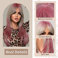 Allbell Ombre Pink Blonde Wigs For Women Long Straight Layered Synthetic Wigs With Bangs Cospaly Christmas Party Wig