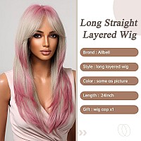 Allbell Ombre Pink Blonde Wigs For Women Long Straight Layered Synthetic Wigs With Bangs Cospaly Christmas Party Wig