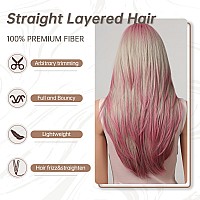 Allbell Ombre Pink Blonde Wigs For Women Long Straight Layered Synthetic Wigs With Bangs Cospaly Christmas Party Wig