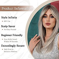 Allbell Ombre Platinum Blonde Wigs For Women Long Straight Layers Hair Wigs With Curtain Bangs Heat Resisatnt Synthetic Hair Rep