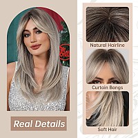 Allbell Ombre Platinum Blonde Wigs For Women Long Straight Layers Hair Wigs With Curtain Bangs Heat Resisatnt Synthetic Hair Rep