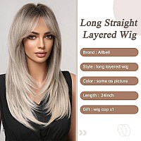 Allbell Ombre Platinum Blonde Wigs For Women Long Straight Layers Hair Wigs With Curtain Bangs Heat Resisatnt Synthetic Hair Rep