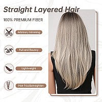 Allbell Ombre Platinum Blonde Wigs For Women Long Straight Layers Hair Wigs With Curtain Bangs Heat Resisatnt Synthetic Hair Rep