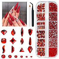 Qiipii 2052Pcs Red Nail Rhinestones 72 Multi Shapes Siam Red Rhinestones For Nails Flatback Nail Gems K9 Glass Round Ruby Red Be