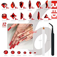 Qiipii 2052Pcs Red Nail Rhinestones 72 Multi Shapes Siam Red Rhinestones For Nails Flatback Nail Gems K9 Glass Round Ruby Red Be