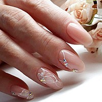 Yosomk Nude Almond Fake Nails Medium Press On Nails With Flower Designs Glossy False Nails Glitter Rhinestones Stick On Artifici