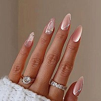 Yosomk Nude Almond Fake Nails Medium Press On Nails With Flower Designs Glossy False Nails Glitter Rhinestones Stick On Artifici