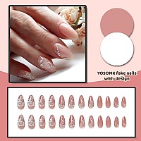 Yosomk Nude Almond Fake Nails Medium Press On Nails With Flower Designs Glossy False Nails Glitter Rhinestones Stick On Artifici