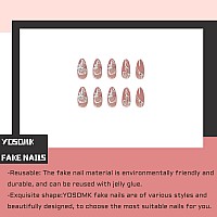 Yosomk Nude Almond Fake Nails Medium Press On Nails With Flower Designs Glossy False Nails Glitter Rhinestones Stick On Artifici