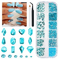 1300Pcs Aquamarine Nail Rhinestones Water Blue Rhinestones For Nails 60 Multi Shapes Big Gems 1240 Flatback Round Beads K9 Glas