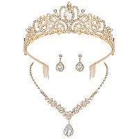 Cocide Silver Jewelry Set For Women Crystal Tiara And Necklace Kit For Girls Rhinestone Crown Earrings Neck Accessories For Brid