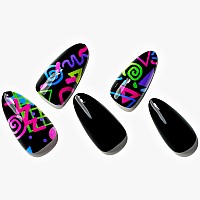 Glamermaid Press On Nails Medium Almond Colorful Graffiti In Black Glue On Gel Nails 24Pcs Colorful Short Almond Acrylic False