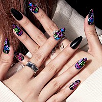 Glamermaid Press On Nails Medium Almond Colorful Graffiti In Black Glue On Gel Nails 24Pcs Colorful Short Almond Acrylic False