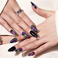 Glamermaid Press On Nails Medium Almond Colorful Graffiti In Black Glue On Gel Nails 24Pcs Colorful Short Almond Acrylic False