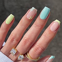 Docvoeomh Press On Nails Short Fake Nails French Tip Acrylic Daisy Glue On Nails Glossy Stick On Nails Artificial Nails For Wome