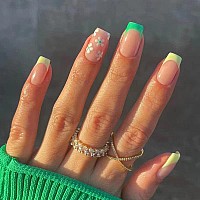 Docvoeomh Green French Tip Press On Nails Short Fake Nails Acrylic Glue On Nails Square False Nails Daisy Stick On Nails For Wom