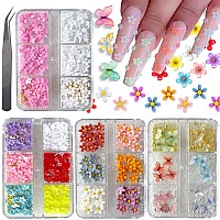 Loveourhome 3D Flower Nail Art Charms Colorful Blossom Floral Butterfly Accessories Gold Pearl Caviar Beads Jewelry Acrylic Nail