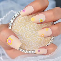 Echiq Nude Press On Nails Medium French With Flower Design Wearable Coffin Matte Acrylic Fake Nails Reusable Full Cover Art Fals