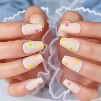 Echiq Nude Press On Nails Medium French With Flower Design Wearable Coffin Matte Acrylic Fake Nails Reusable Full Cover Art Fals