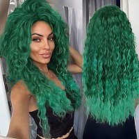 Gnimegil 26 Inch Long Curly Wavy Green Wig Natural Ombre Fluffy Synthetic Hair Replacement Wig With Free Part Hairline For Costu