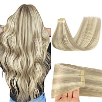 Goo Goo Tape In Hair Extensions Human Hair 17A60A Ash Blonde Highlighted Platinum Blonde 20Inch 50G 20Pcs Thick Ends Straigh