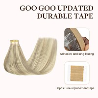 Goo Goo Tape In Hair Extensions Human Hair 17A60A Ash Blonde Highlighted Platinum Blonde 20Inch 50G 20Pcs Thick Ends Straigh