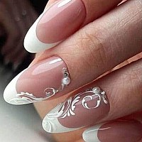 Yosomk French Tip Press On Nails Medium Almond Fake Nails With Flower Design Nude Stick On Artificial Nails Glossy Glue On False