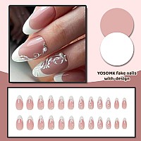 Yosomk French Tip Press On Nails Medium Almond Fake Nails With Flower Design Nude Stick On Artificial Nails Glossy Glue On False