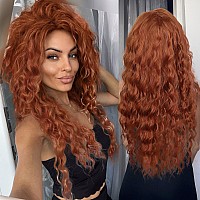 Gnimegil Long Wavy Ginger Red Hair Wig Soft Synthetic Curly Costume Wig With Ombre Fluffy Waves Free Part Hairline Natural Coppe