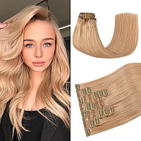 Huayi Clip In Hair Extensions Golden Brown Reaal Human Hair 70G 18Inch 7Pcs Double Weft Silky Straight Human Hair